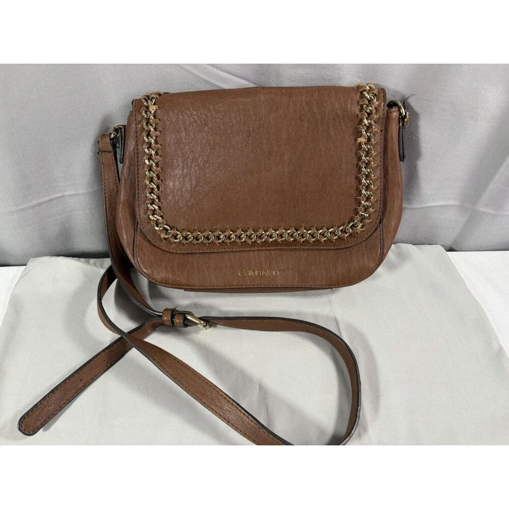 Calvin Klein Caramel Medium Crossbody Bag Zip, Adjustable Strap Gold Hardware